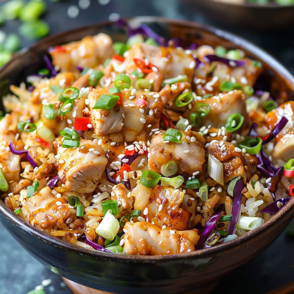 Chicken and crispy veggies packed in a bowl.