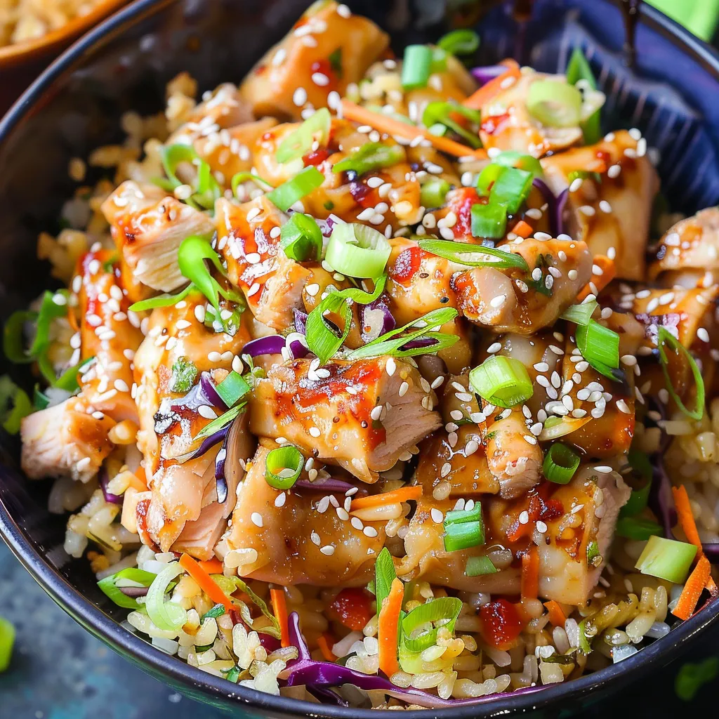 A bowl of food with chicken and veggies.