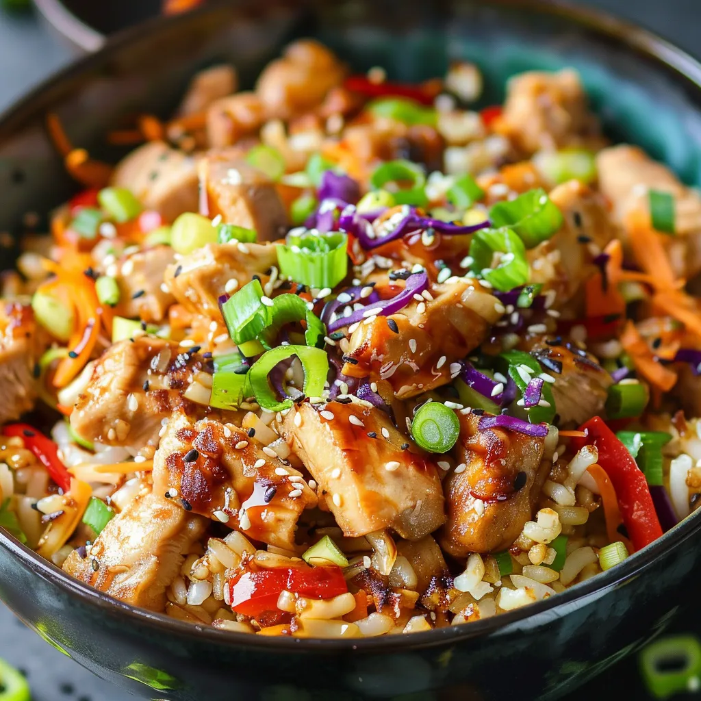 A bowl of food with chicken and veggies.