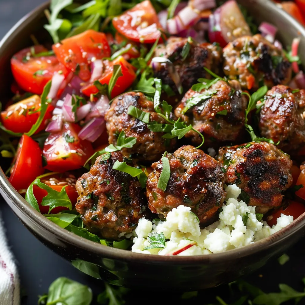 Meatballs with tomatoes, feta, and veggies in a bowl.