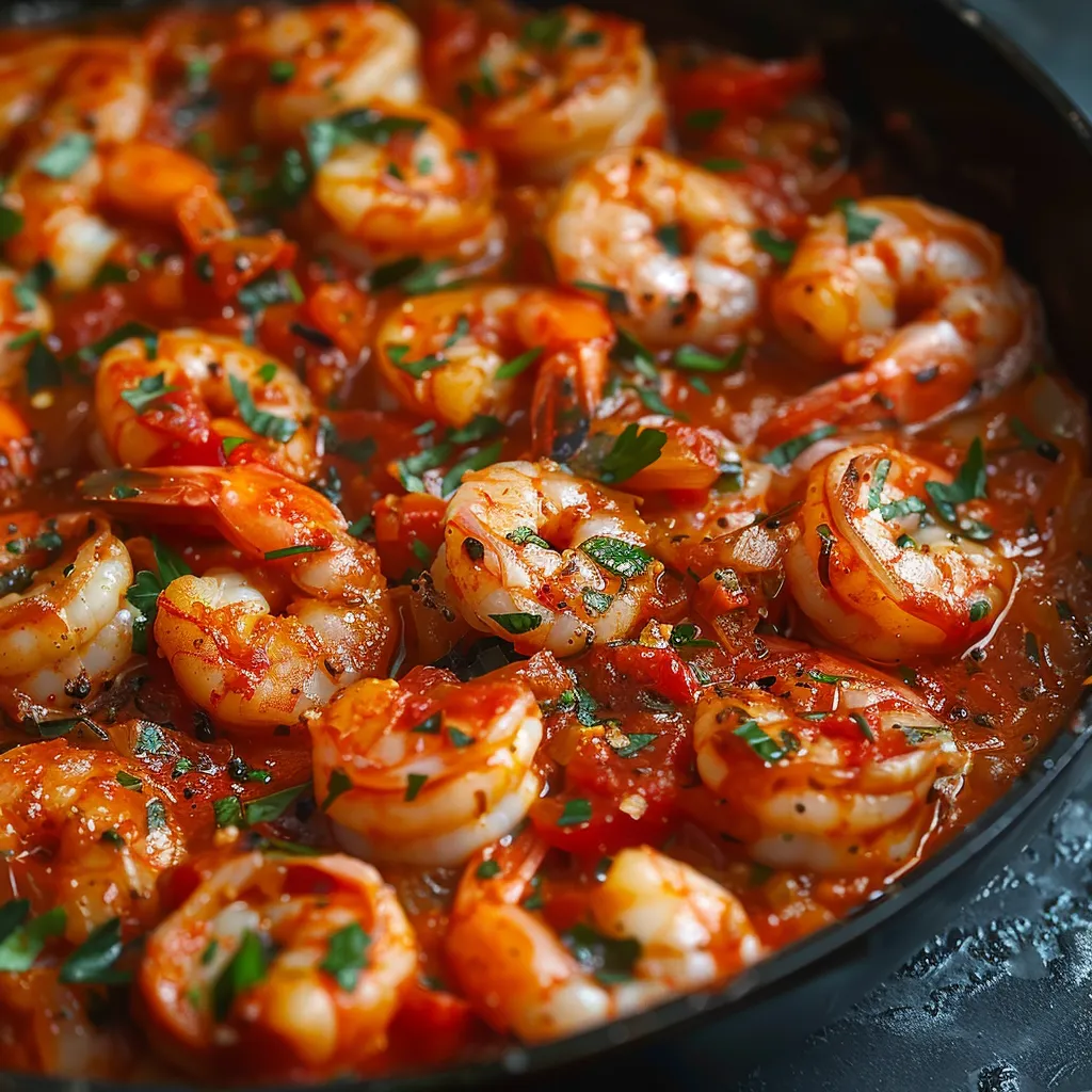 A pan of shrimp with red sauce.