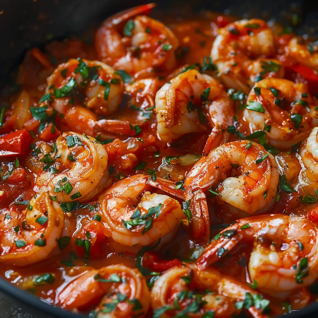 A pan of shrimp with a red sauce.