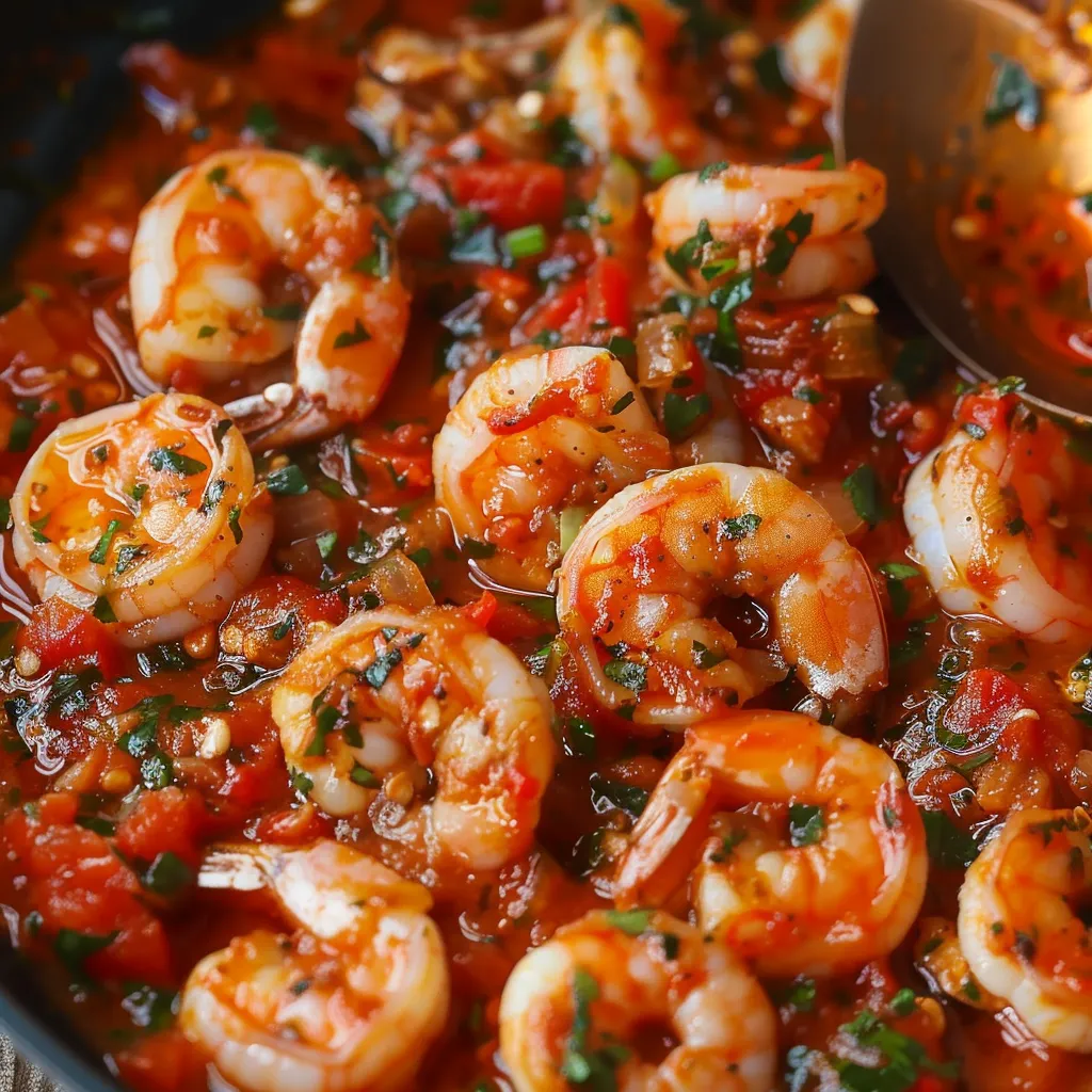 A bowl of shrimp and tomatoes.