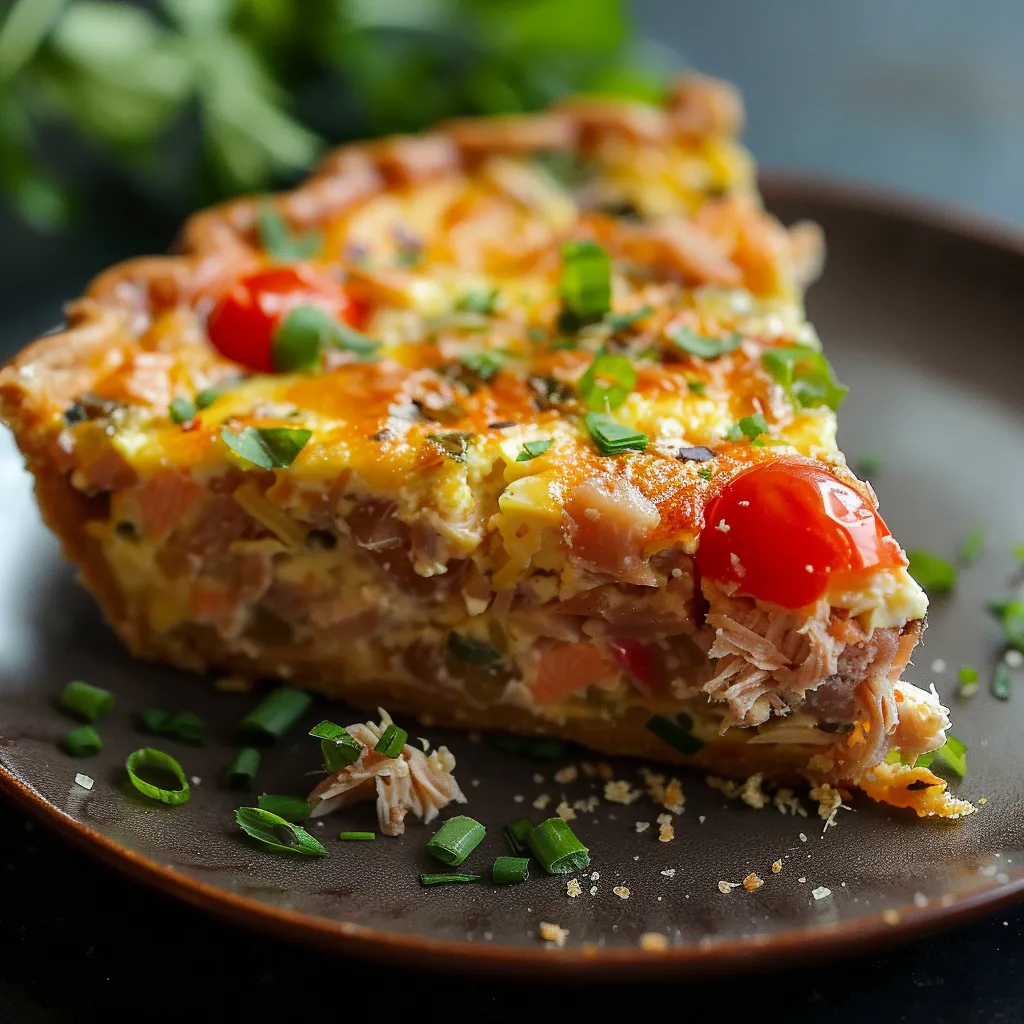 A slice of quiche on a plate.