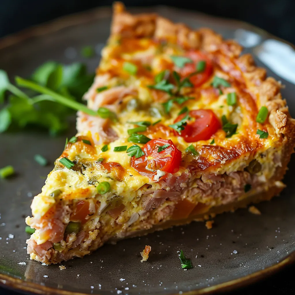 A slice of pie with tomatoes and herbs on top.