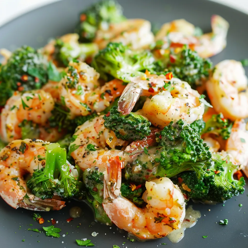 A plate of shrimp and broccoli.