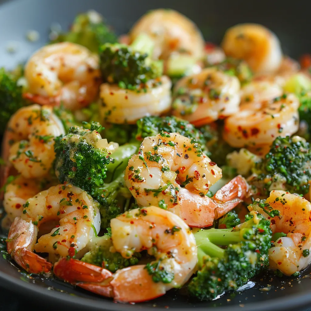 A bowl of shrimp and broccoli.