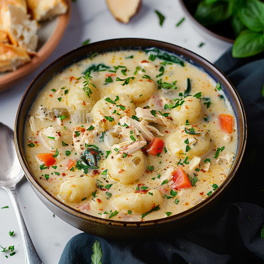 A bowl of soup with chicken and vegetables.