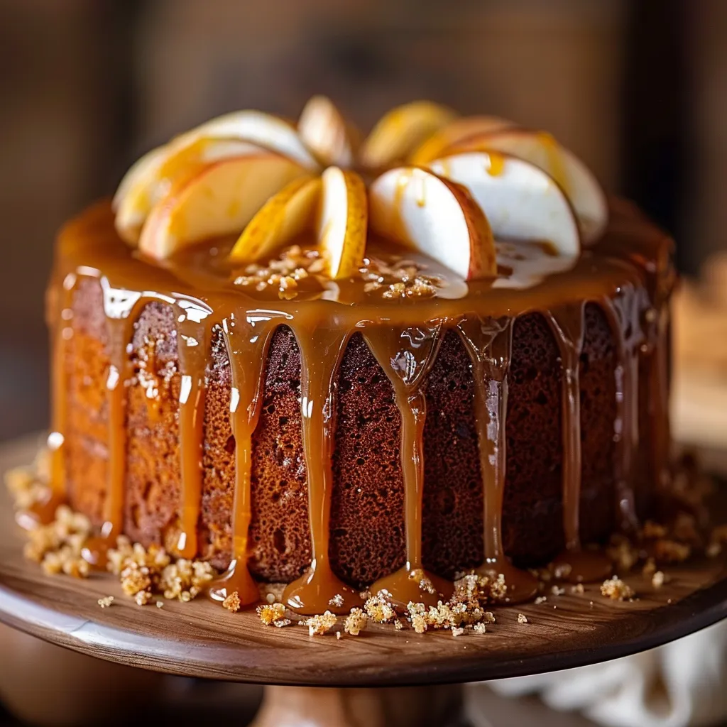 Fresh cake with caramel sauce on top.