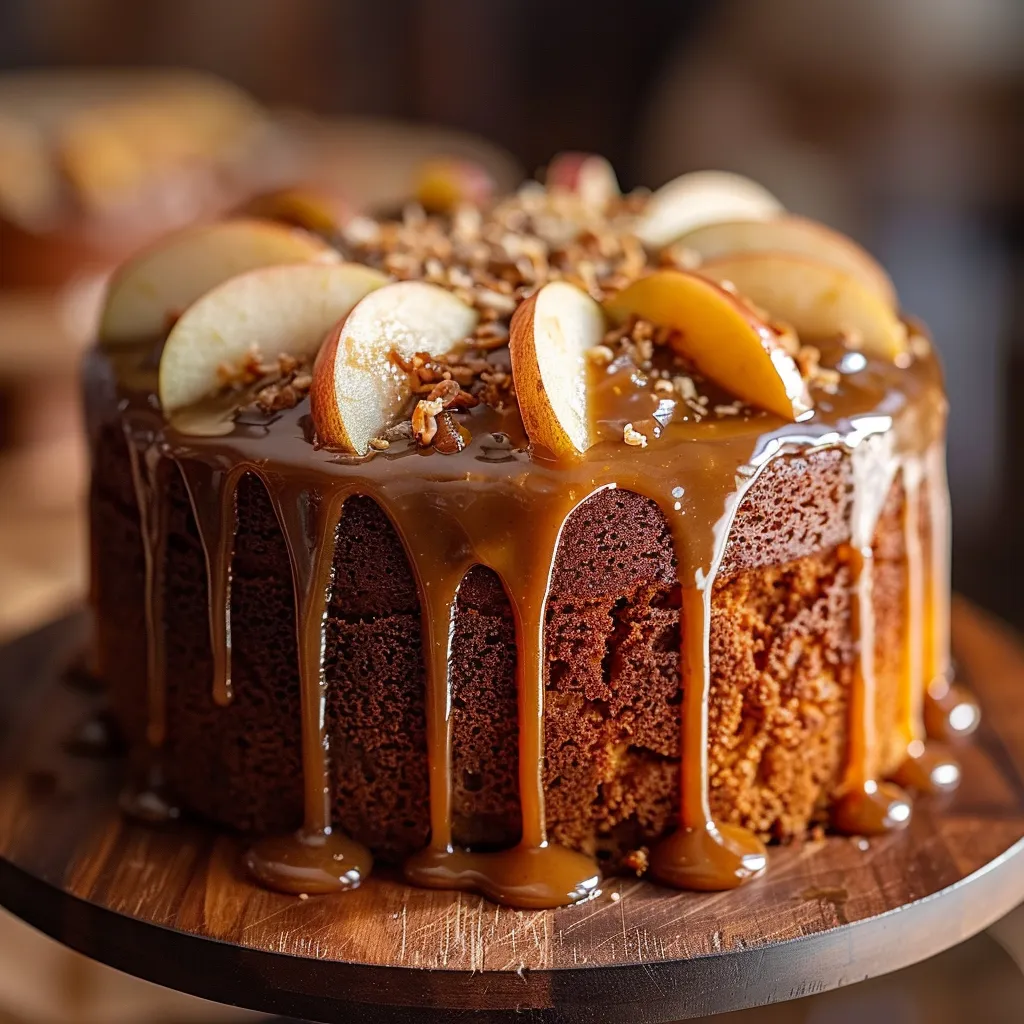 A cake with caramel drizzled on top.