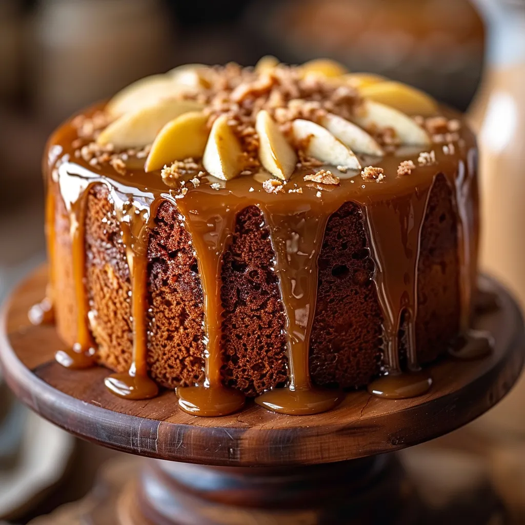 A cake with caramel drizzle on top.