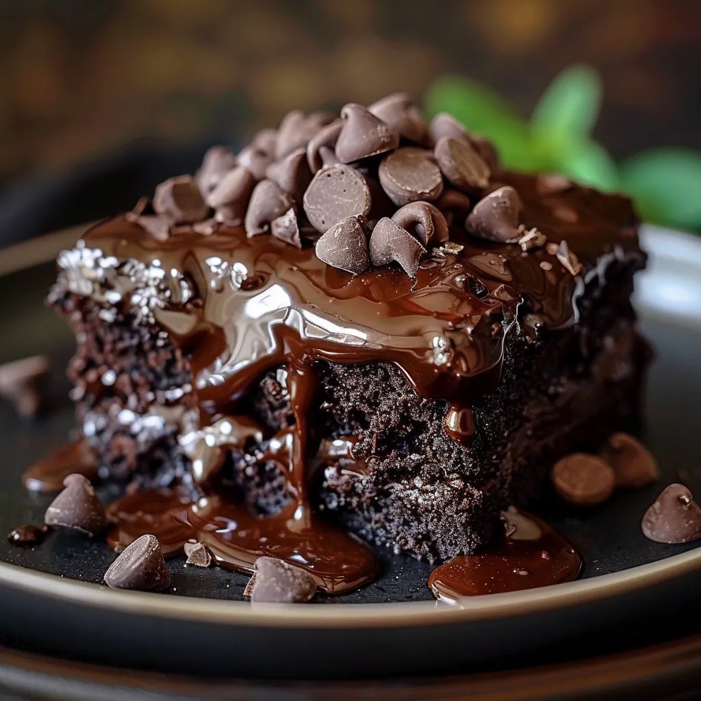 Chocolate cake slice topped with chocolate sauce.