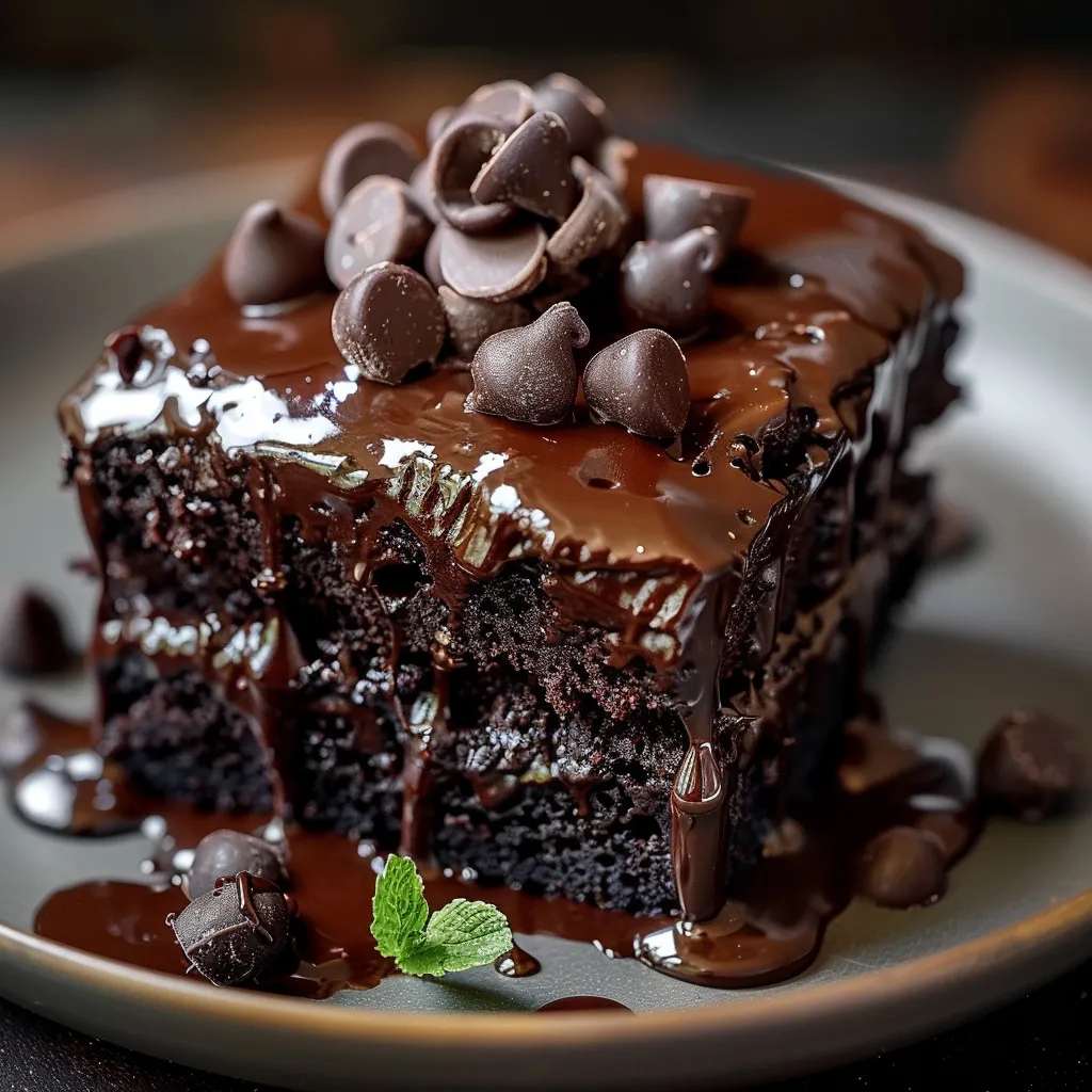 A slice of chocolate cake with chocolate drizzle and chocolate chips.