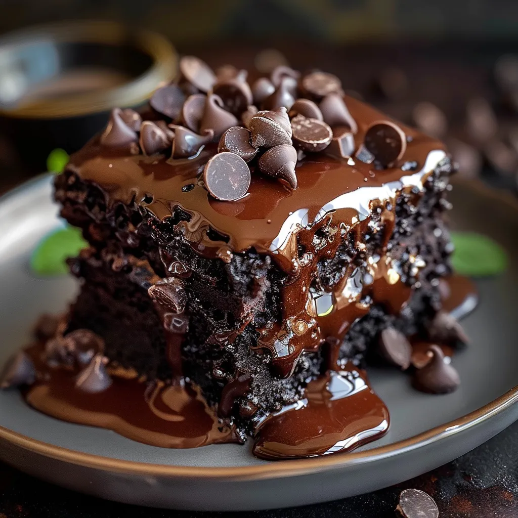 A slice of chocolate cake with chocolate drizzle.