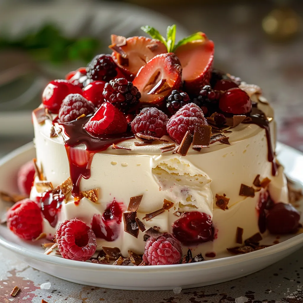 Fluffy cake piled with berries and chocolate.