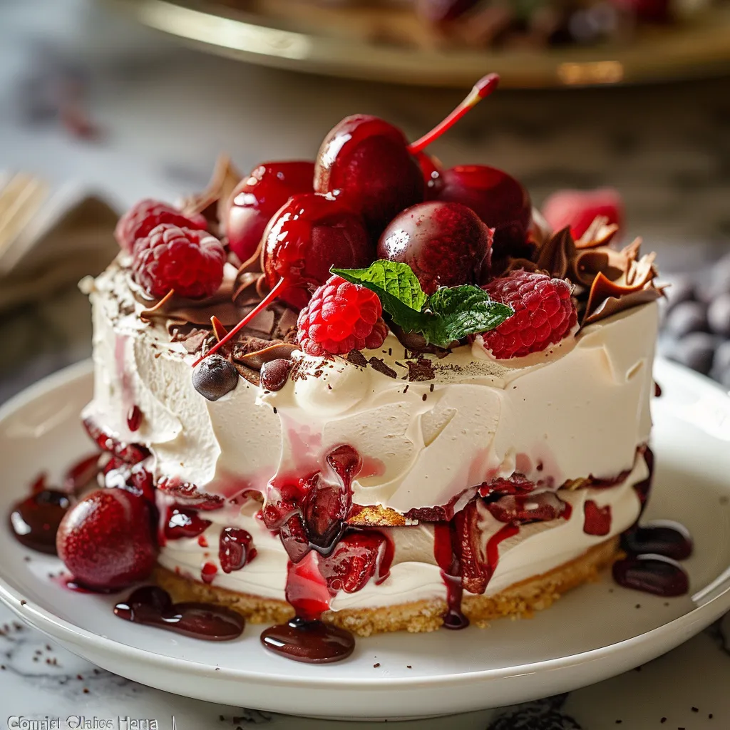 A slice of cake with cherries and chocolate.