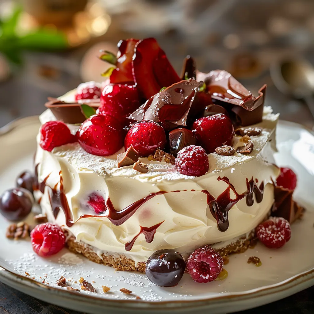 A slice of cake with chocolate and strawberries.