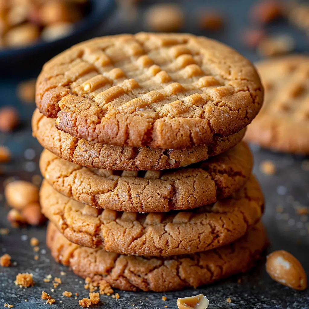 Peanut butter cookies stacked up high.