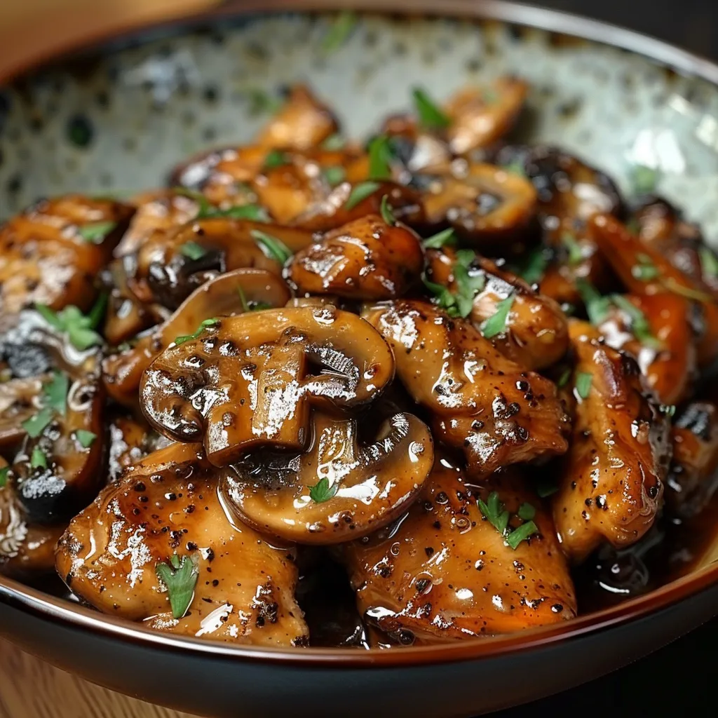 A bowl filled with meat and mushrooms.