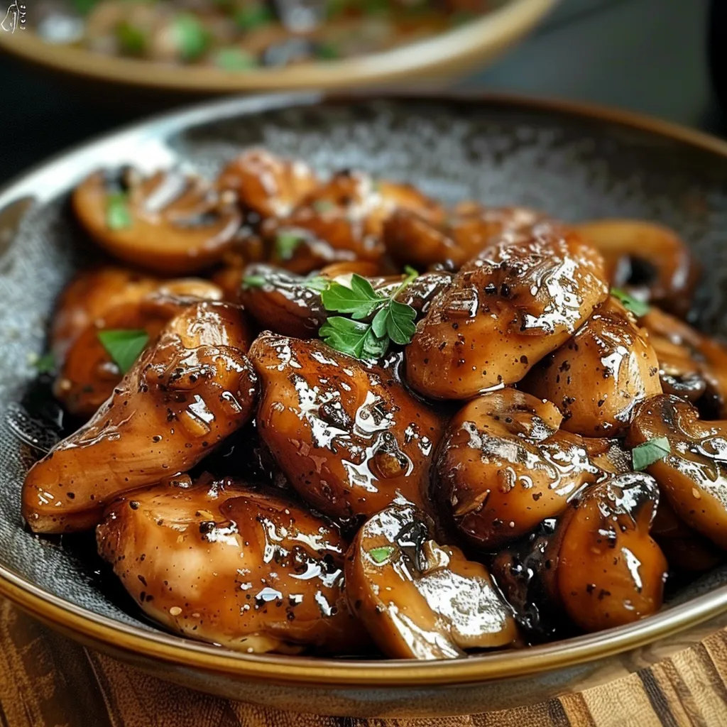 A bowl of mushrooms with sauce.