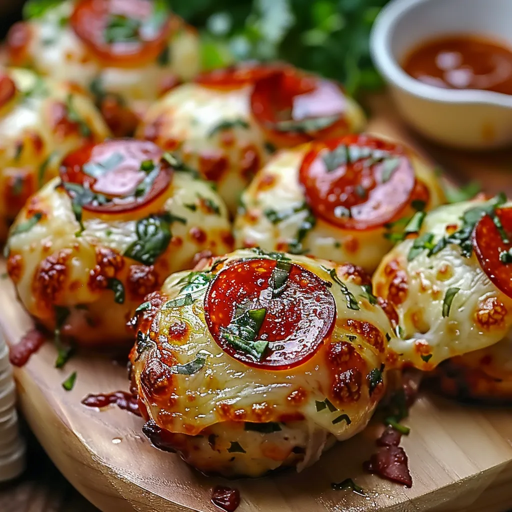 A plate of cheese and tomato stuffed mushrooms.