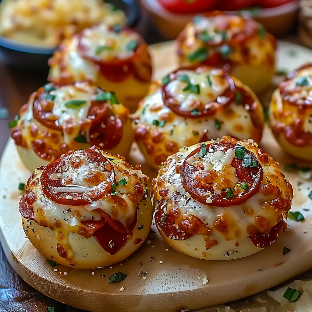 A plate stacked with cheesy mini pizzas topped with tomatoes.