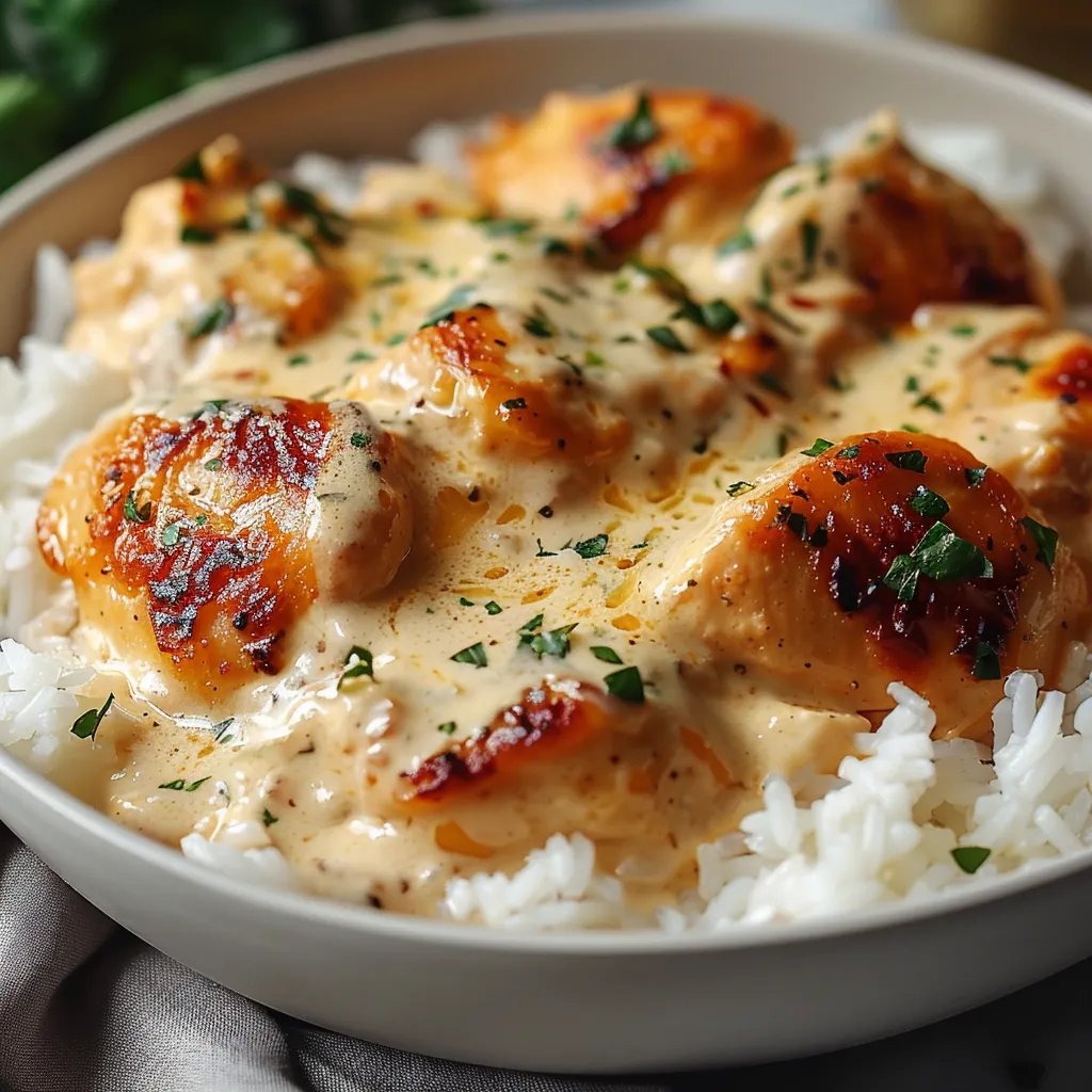 A bowl of rice with chicken and sauce.