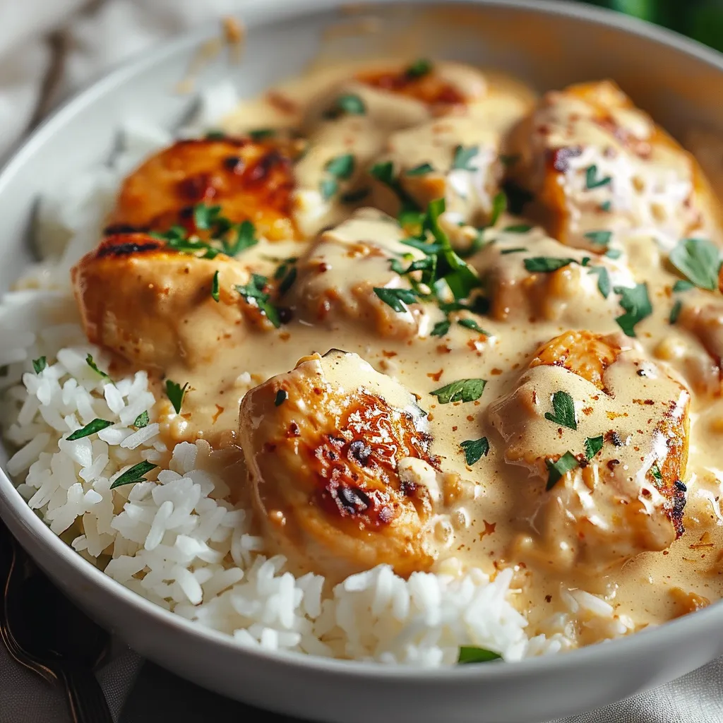 A bowl of rice with chicken and sauce.