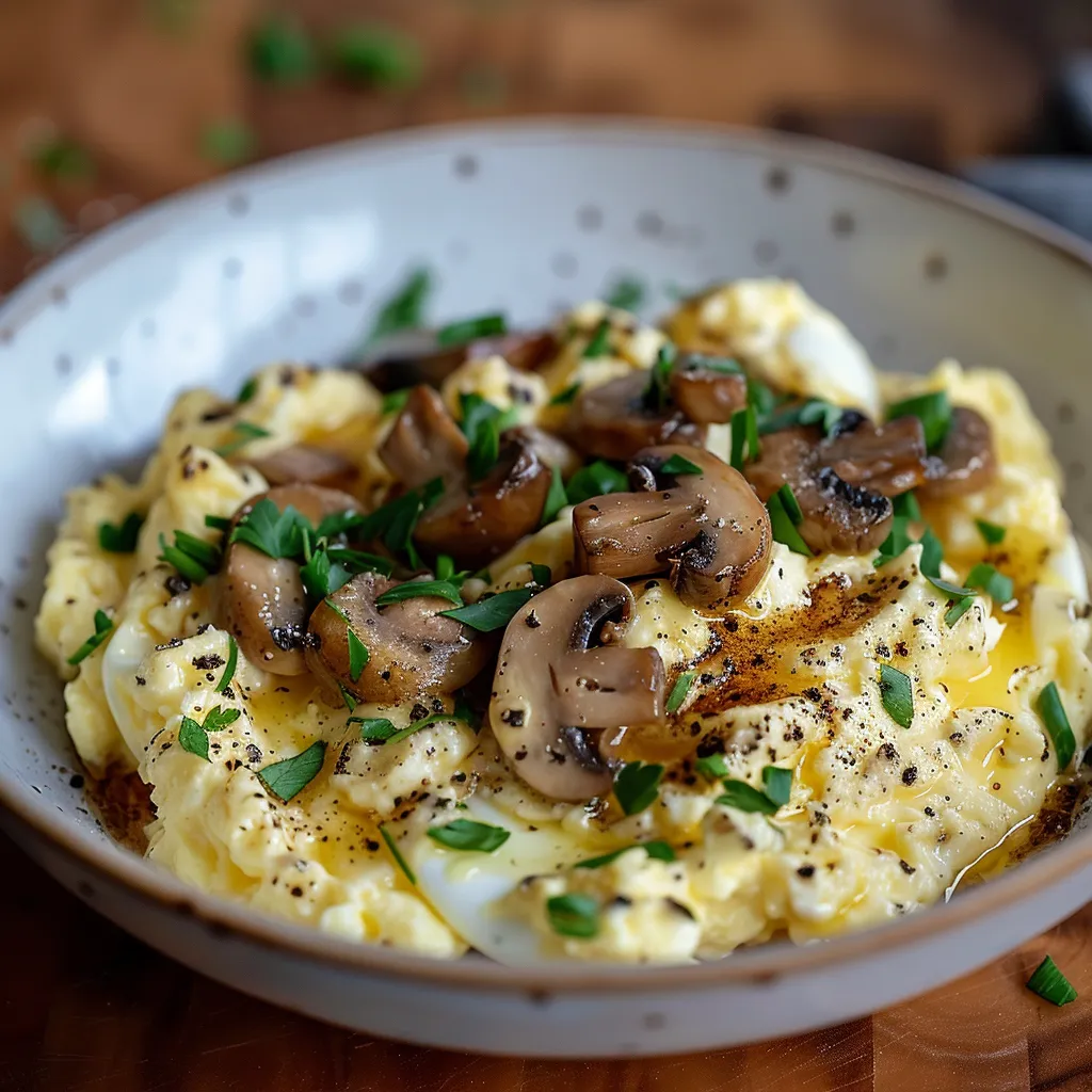 A bowl full of mushrooms and fresh herbs mixed with eggs.