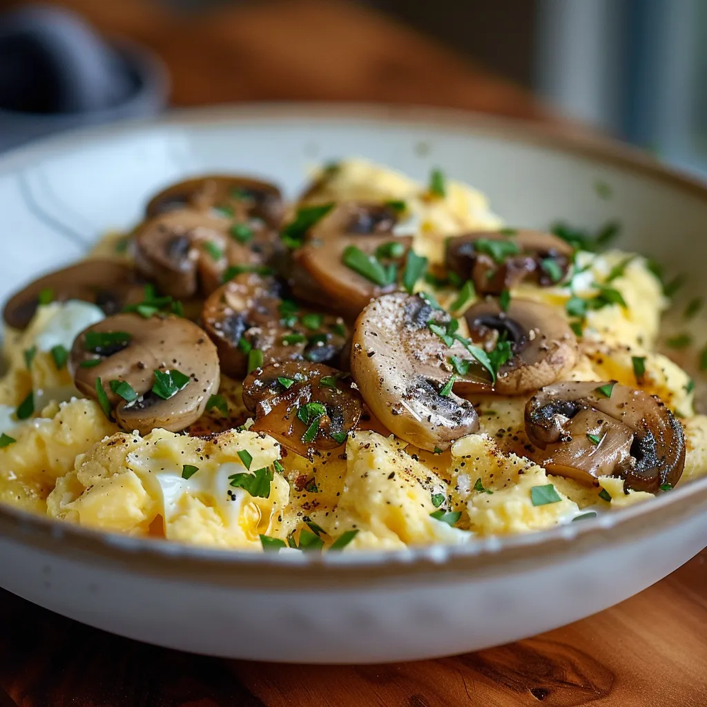 A bowl of mushrooms and eggs.