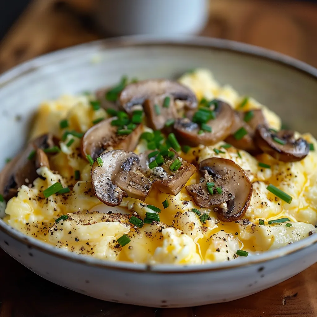 A bowl of mushrooms and eggs.