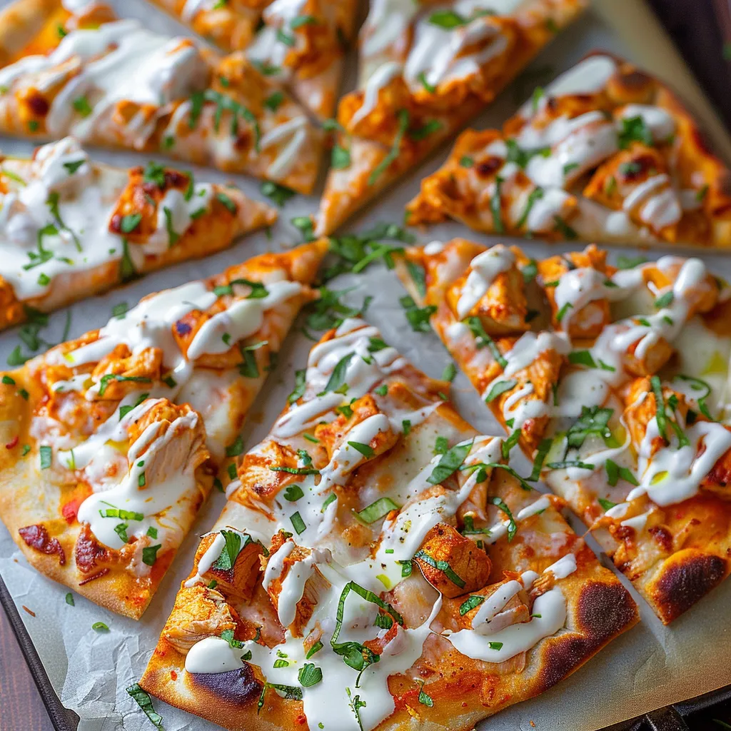 A flatbread topped with creamy sauce and fresh toppings.