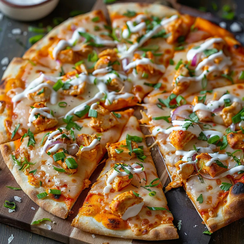 A pizza with white sauce and green toppings.