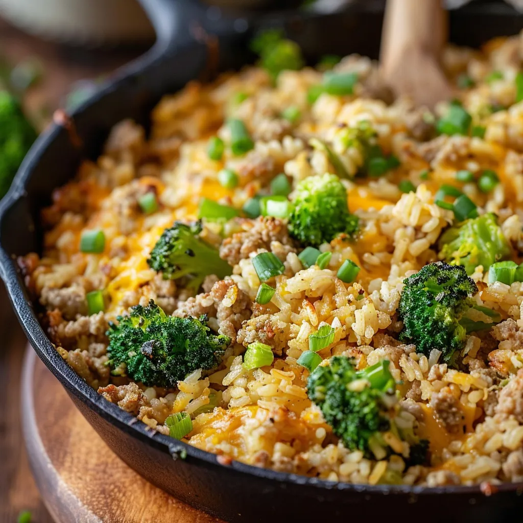 A skillet full of tender rice, broccoli, and turkey.