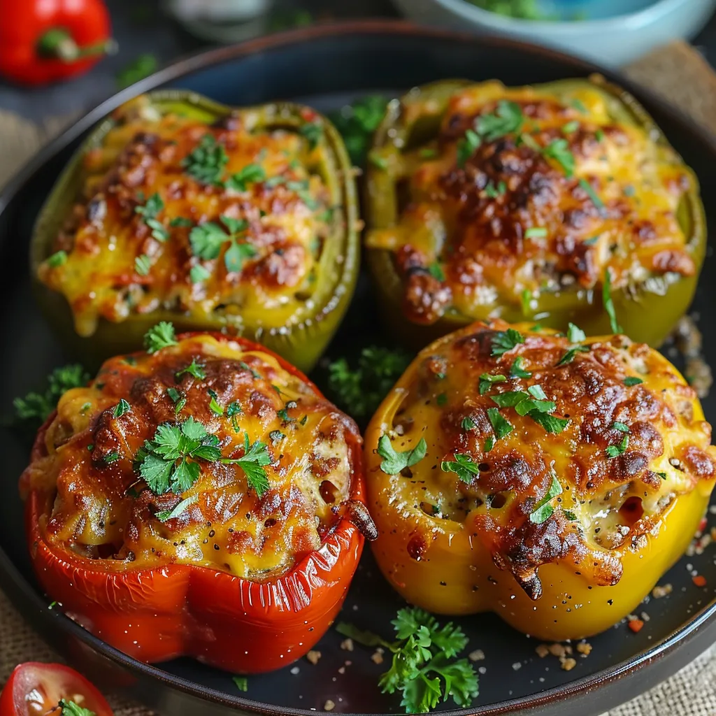 Four cheesy bell peppers on a white plate.