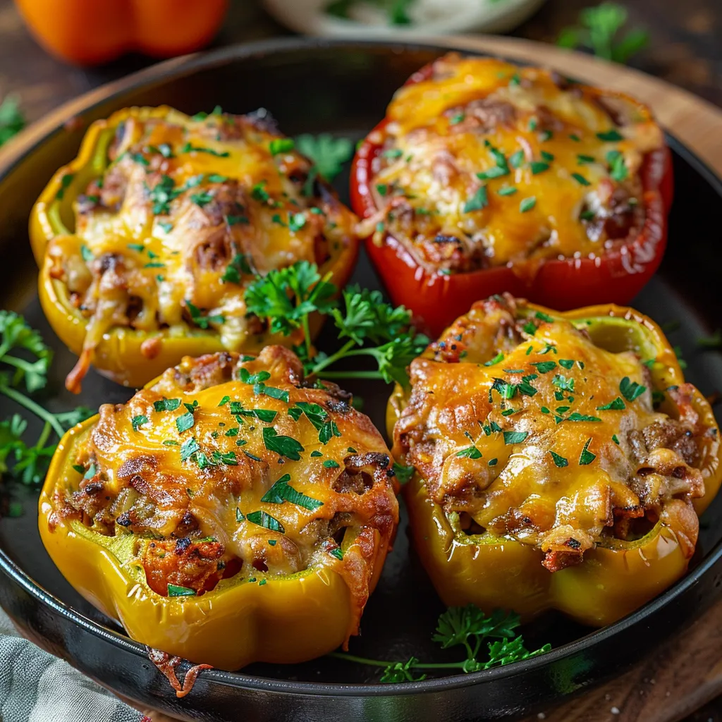 A plate of four peppers with cheese.