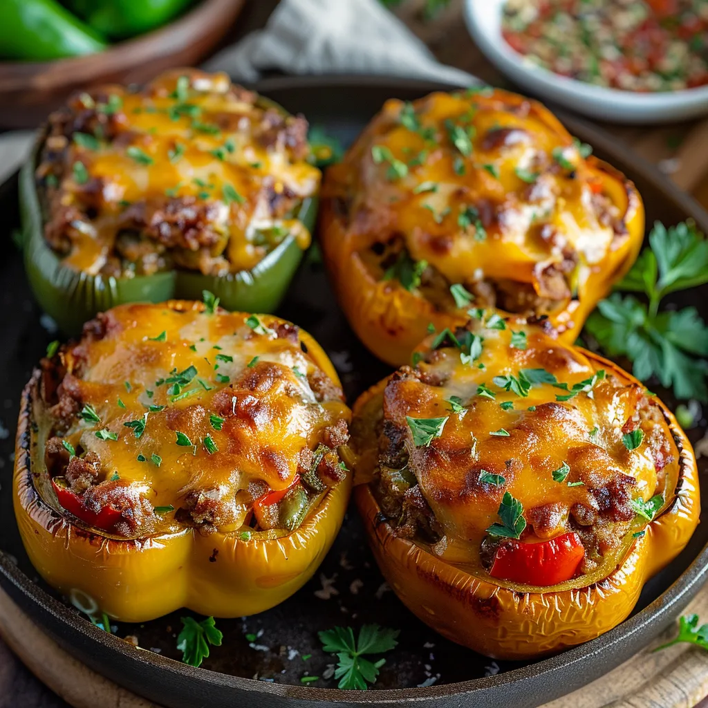Three cheese stuffed peppers on a plate.