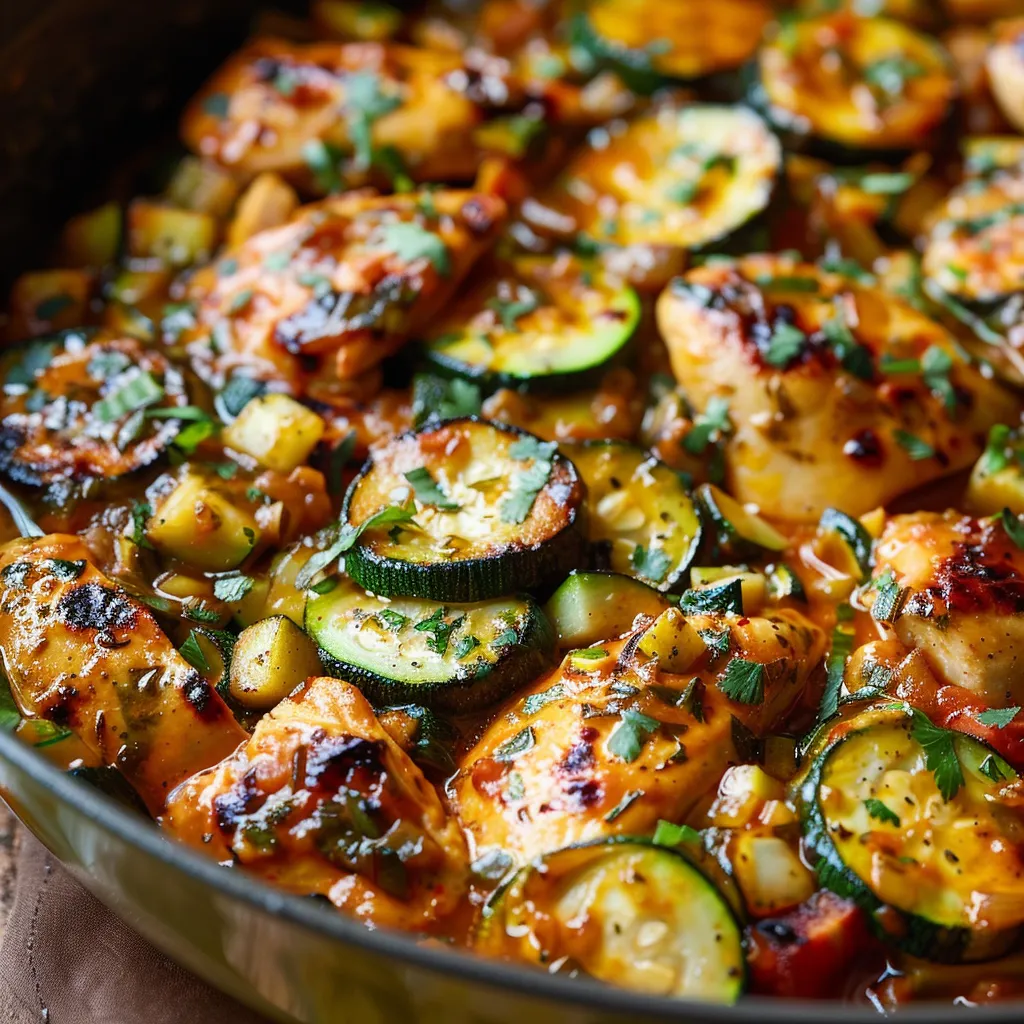 A big skillet loaded with chicken, zucchini, and veggies.