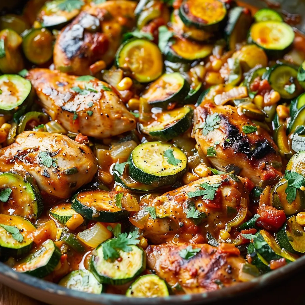 A bowl of food with chicken, zucchini, and corn.
