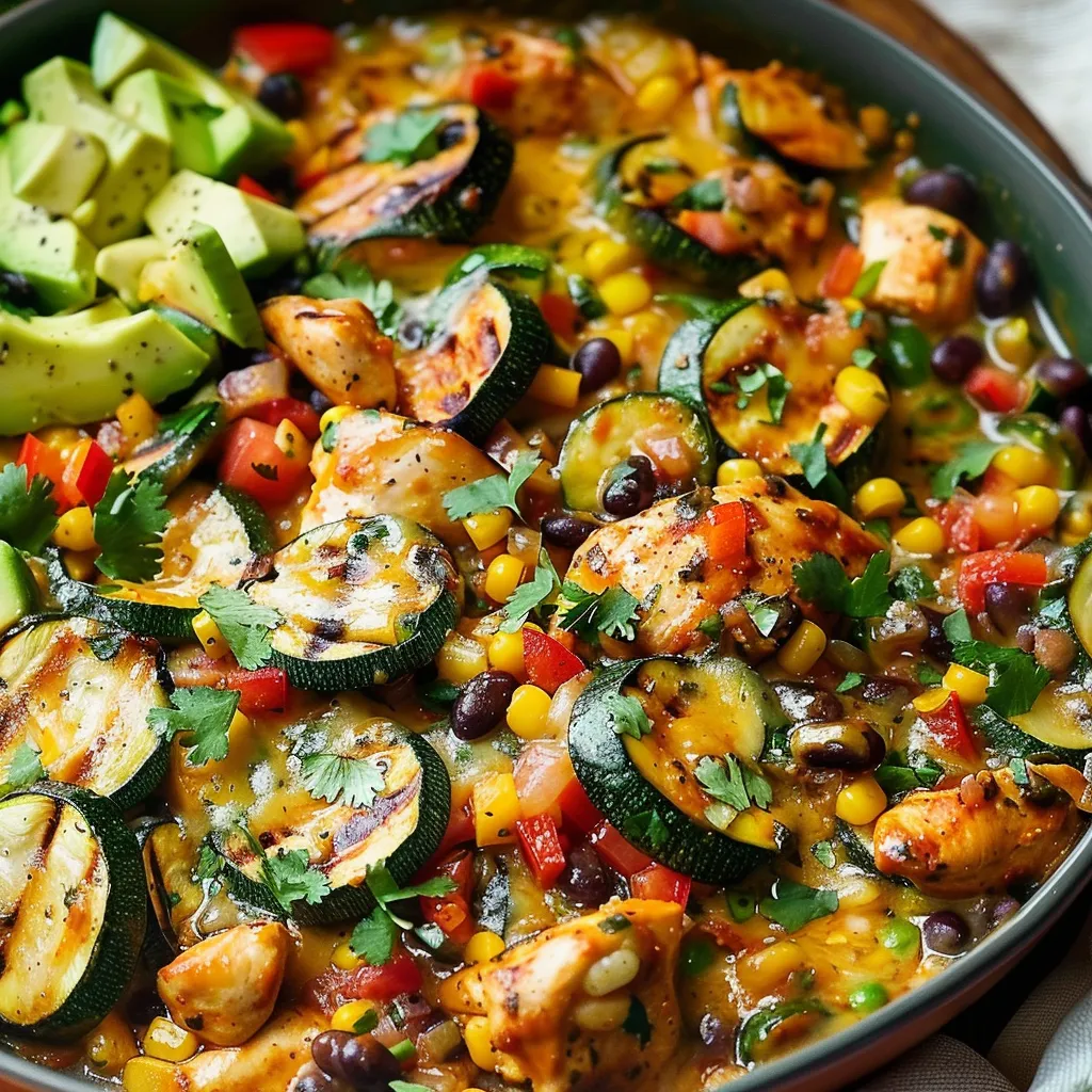 A bowl of food with chicken, corn, avocado, and zucchini.