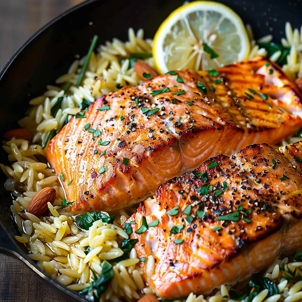 Big skillet packed with salmon, orzo, and greens.