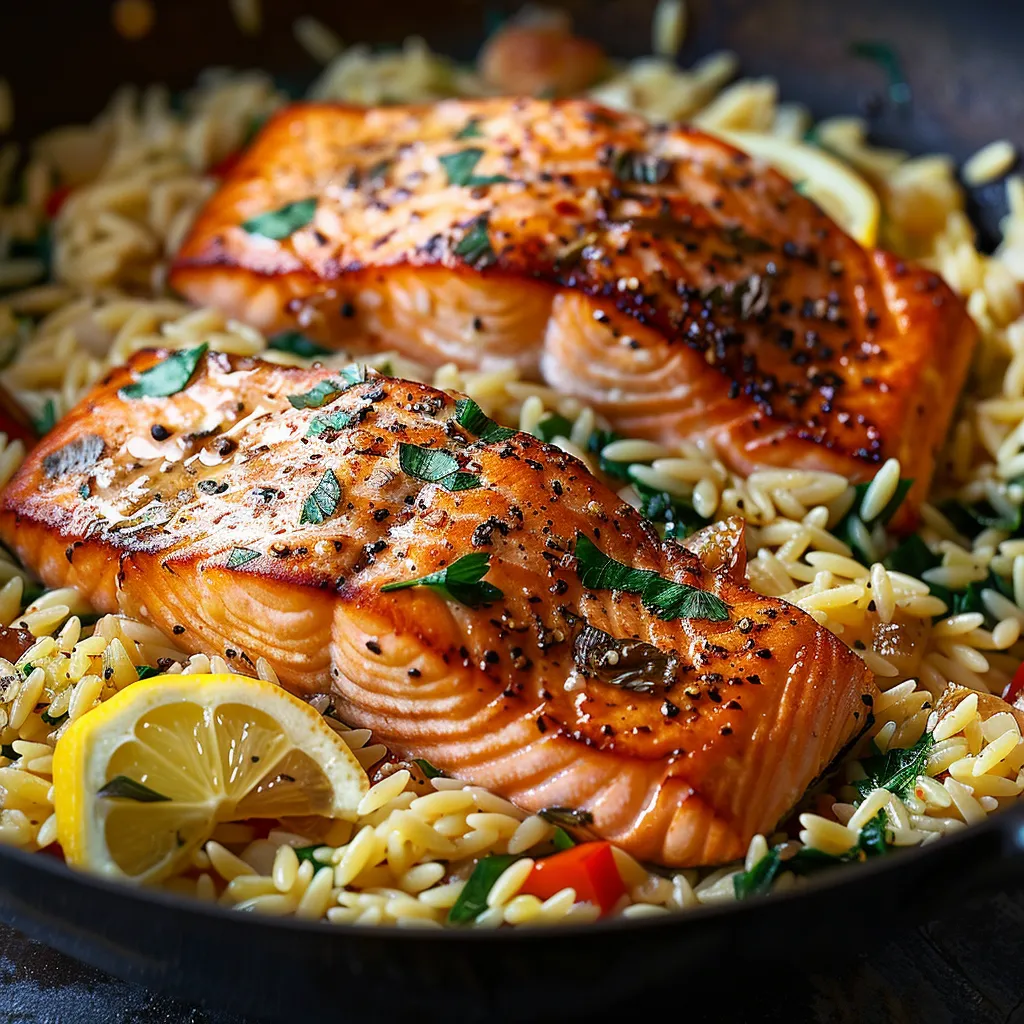 Fish and orzo with lemon in a skillet.