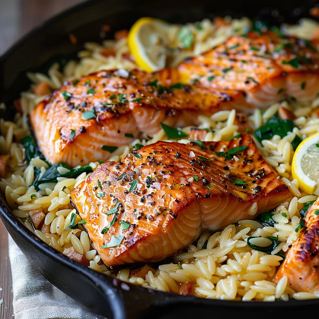 A pan of fish and orzo pasta.