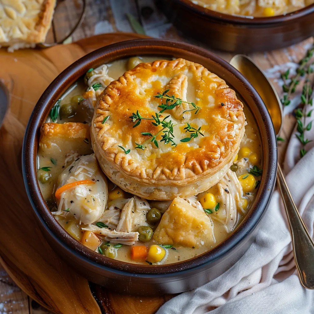Soup loaded with chicken and veggies topped with biscuit in a bowl.