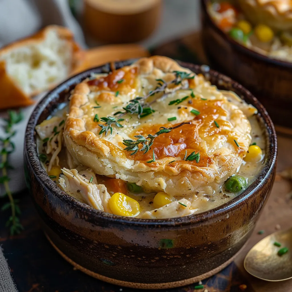 A bowl of soup with a pastry on top.