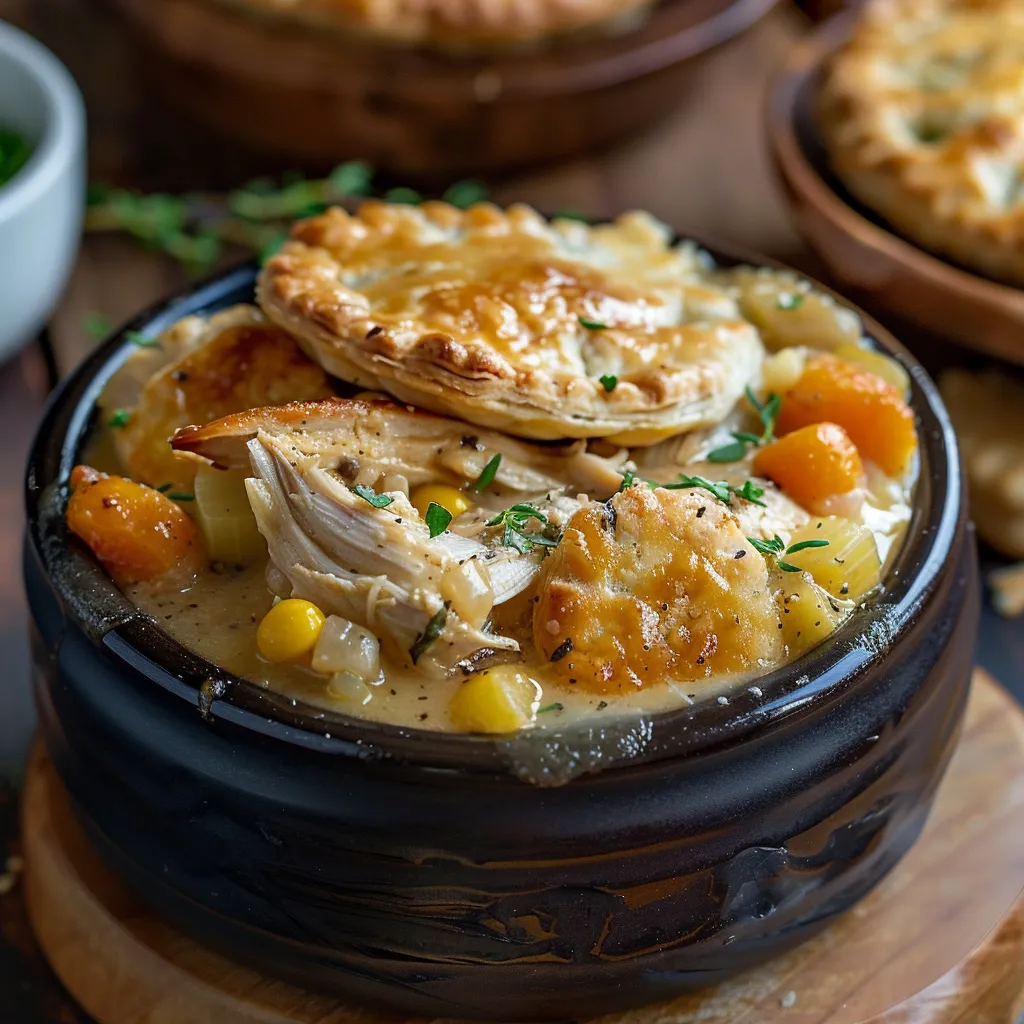 A bowl of soup with a pastry on top.