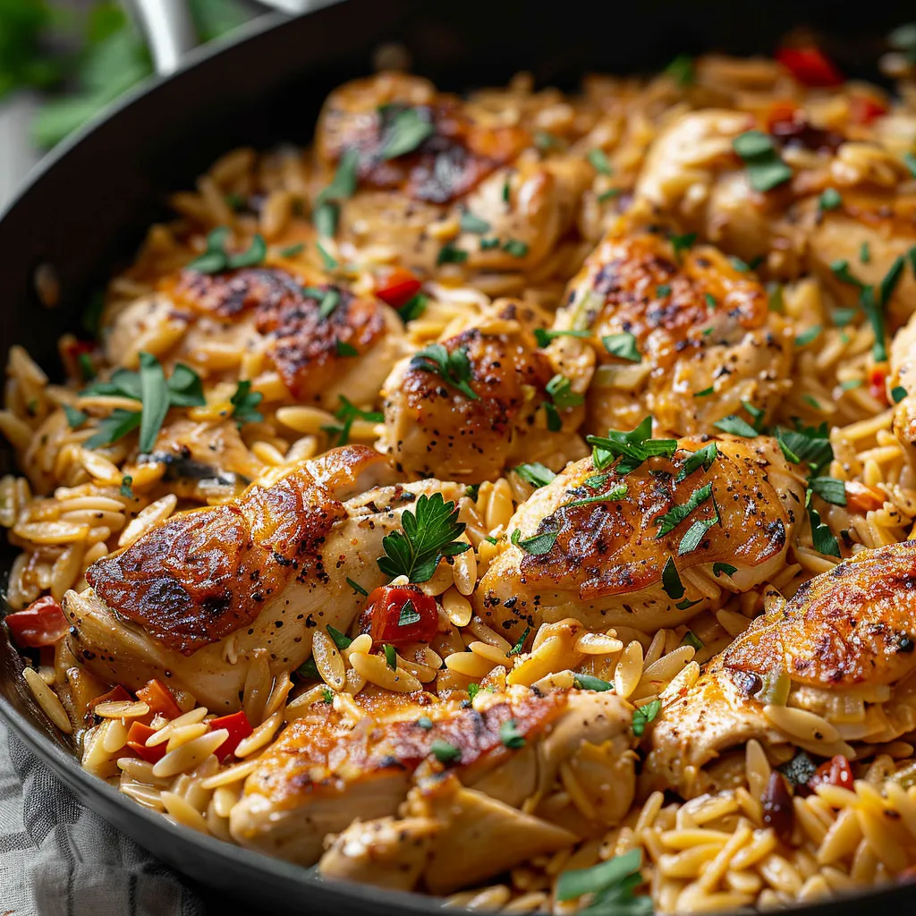 A pan of chicken and orzo in creamy sauce.