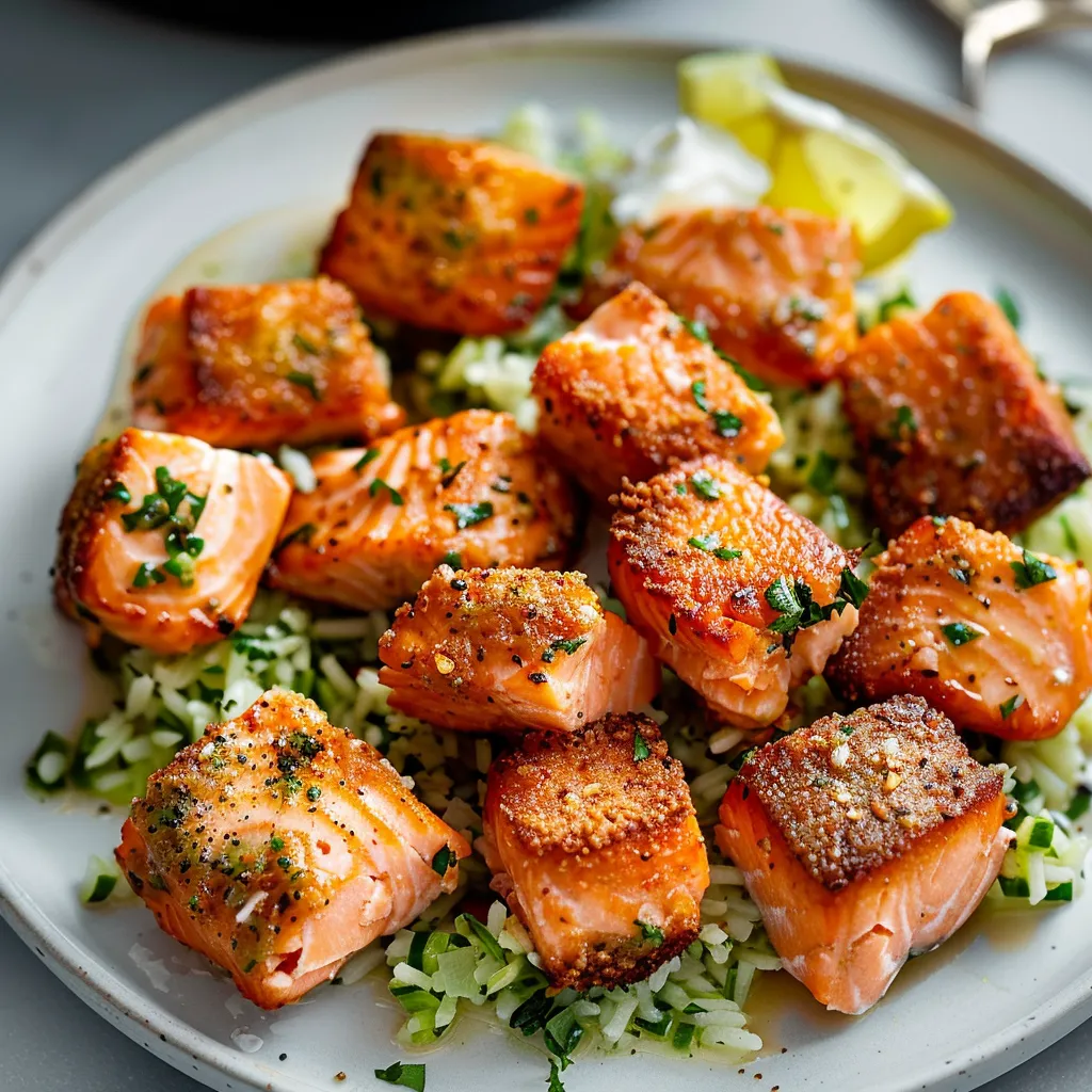 Cooked salmon pieces on a plate with a slice of lemon.