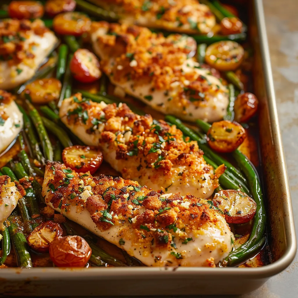 Chicken, green beans, and tomatoes all roasted on a baking sheet.