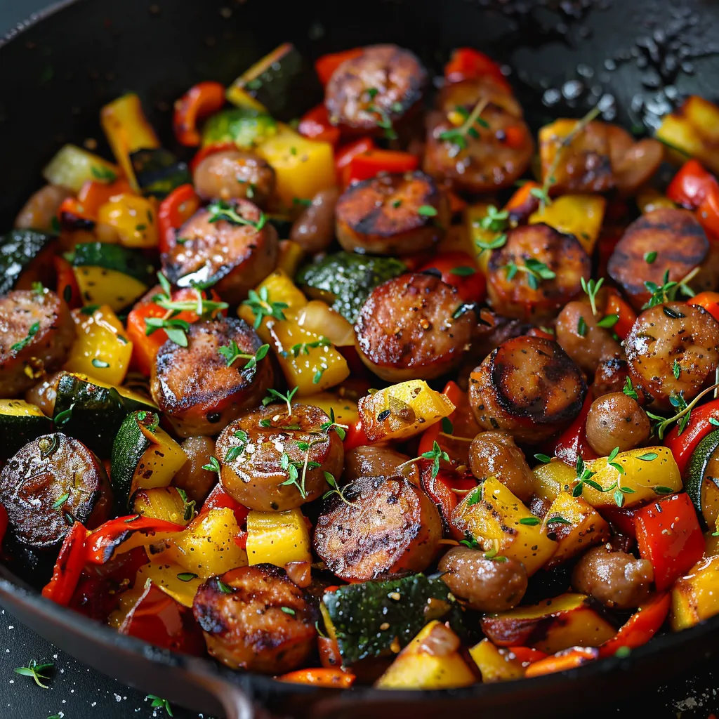 A pan full of sausage, peppers, and onions tossed together.